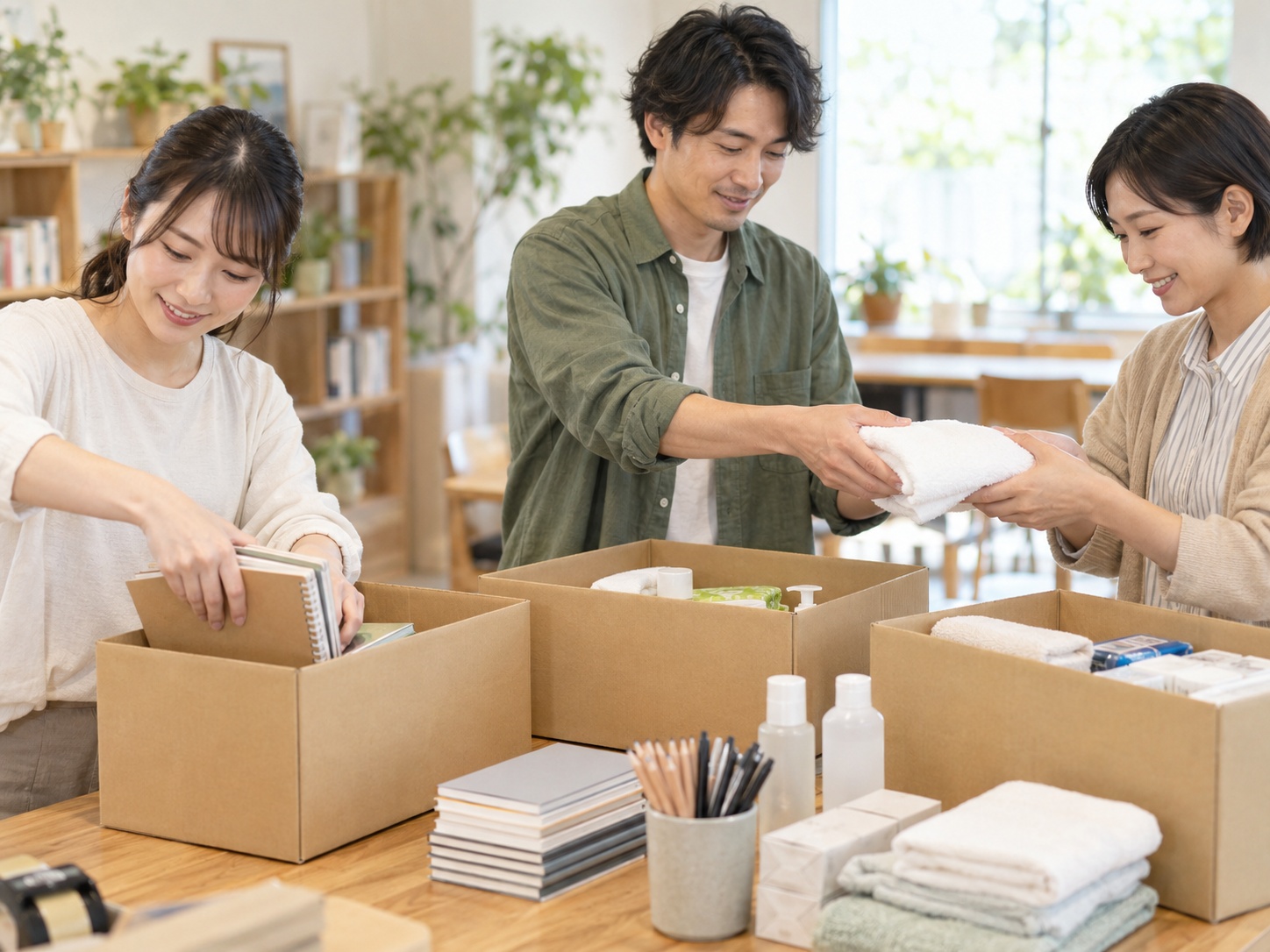 協力してタオルや学用品などの支援物資を箱に詰める様子