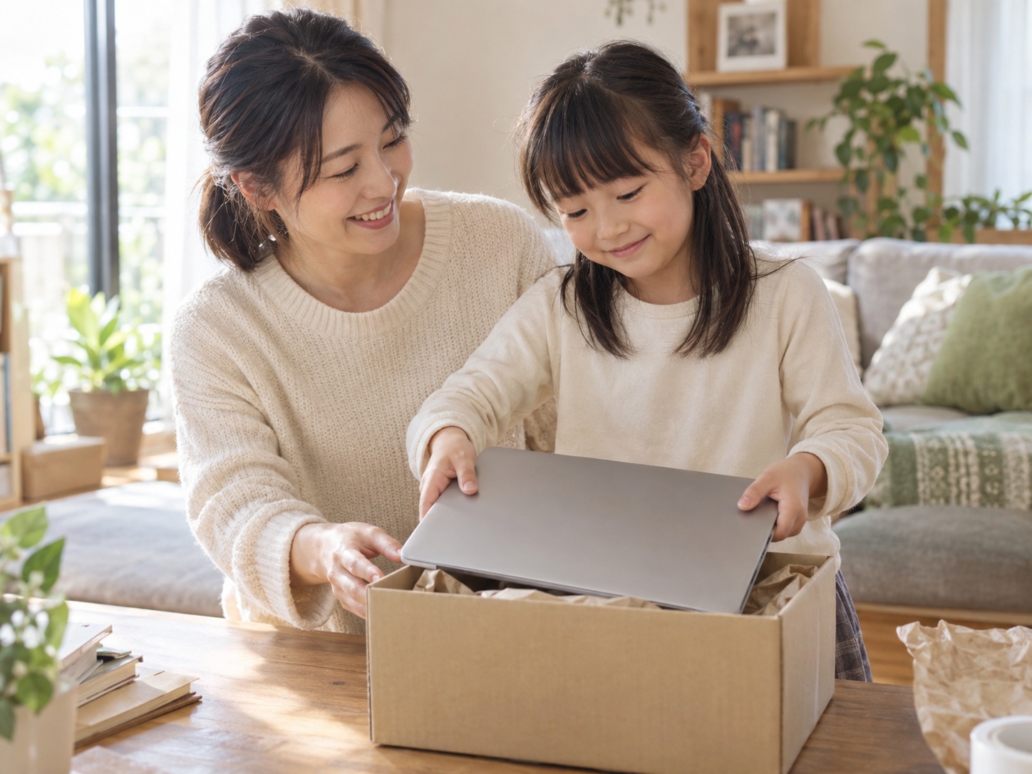 親子で大切にノートパソコンを梱包する様子