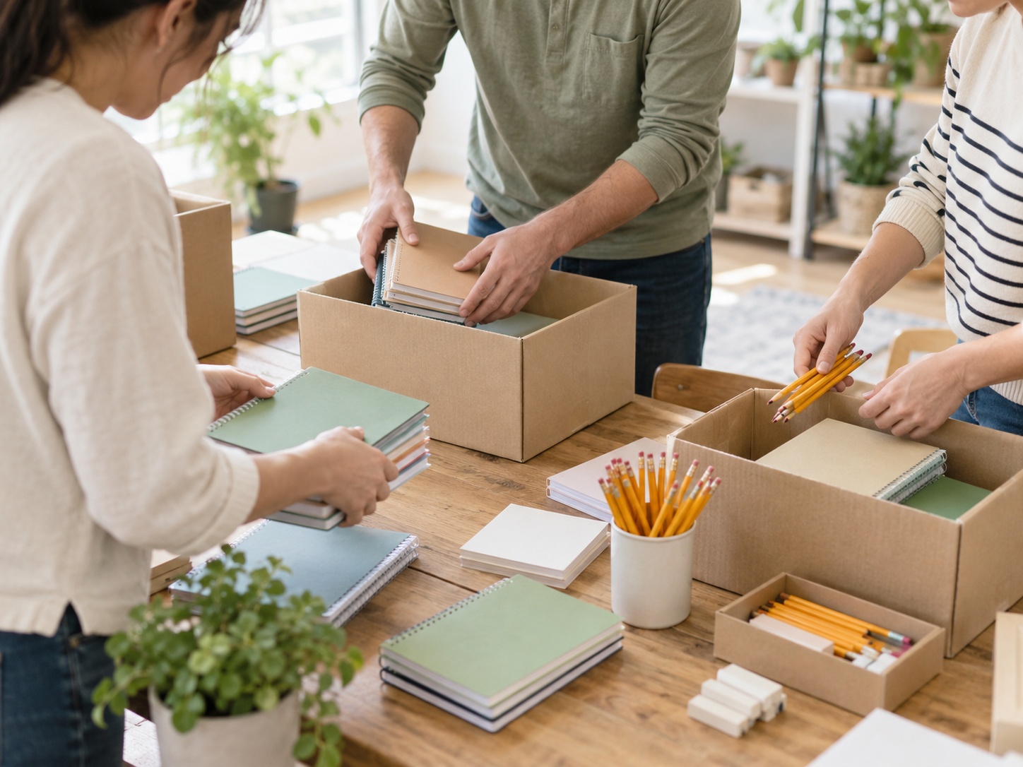 協力してノートや鉛筆などの学用品を箱に詰める様子