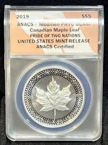 2019年 カナダ シルバー プルーフ 5ドル プライド・オブ・ツー・ネーションズ 1オンス メープル ANACS PR70DCAM 箱付き