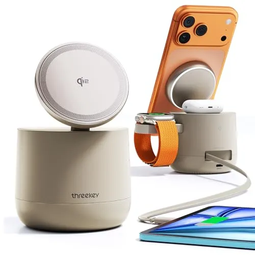 Threekey【Apple公認・MFi・Qi2・PSE公式認定】4in1 MagSafe対応 15W ワイヤレス充電器｜iPhone 17/16/15/14/13/12・Apple Watch・AirPods・iPad対応｜環境光付きドック型ステーション