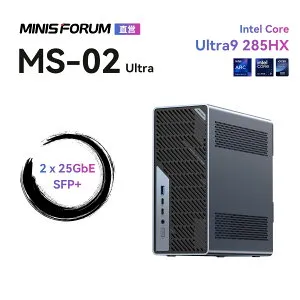 【★20％クーポン】MINISFORUM MS-02 Ultra ミニワークステーション、Core Ultra9 285HX/Ultra5 235HX、ECCメモリ対応、DDR5 SODIMM + 4基M.2 PCIe4.0 SSDスロット、デュアル25GbE SFP+、2.5+10GbE、vPro対応、350W内蔵電源搭
