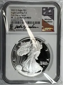 2021年 サウスアメリカン シルバーイーグル プルーフ T2 NGC PF70 UC FDOI マイケル・ガウディオソ氏直筆サイン入り