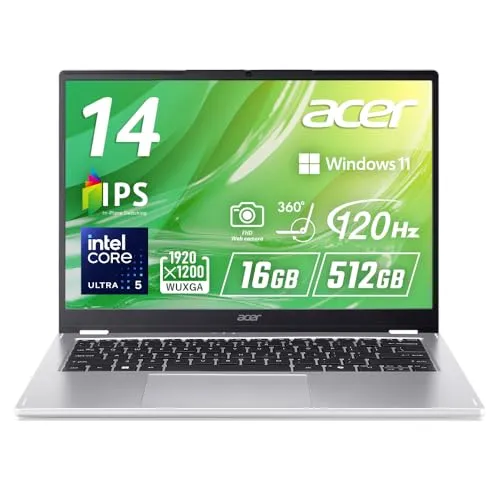 Acer Aspire Spin 14 16GBメモリー 512GB SSD 14インチ WUXGA 16:10 IPS 非光沢 インテル Core Ultra 5 115U タッチディスプレイ 360°ヒンジ 120Hz 207万画素 Webカメラ スラ