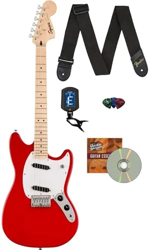 Fender Squier Sonic Mustang、Maple Fingerboard、SS エレキギターバンドル、フェンダーチューナー、ギターストラップ、ピック、Austin BazaarインストラクションDVD - トリノレッド