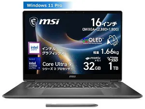 MSI｜エムエスアイ 16型 ノートパソコン Prestige 16 Flip AI+ C3MT（Core Ultra 9 386H/メモリ 32GB/SSD 1TB/OLED/Office）プラチナグレイ Prestige-16-Flip-AI+C3MTG-2610JP