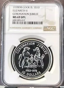 1978 クック諸島 シルバー 10 ドル クイーンズ ジュビリー NGC MS 69 DPL ロー ミント