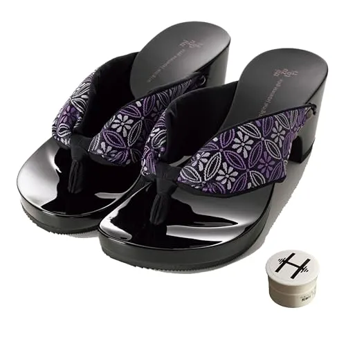 [mizutori] げたのみずとり hitete(ハイテテ) 洋服にも合うモダン下駄 KCB-25 七宝花菱／黒・黒 6.5cmヒール 日本製 (オリジナルかかと保湿クリーム付き) 水鳥工業 (日本の靴のサイズ寸法, 大人, アルファベット, LL)