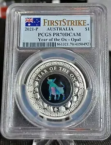 2021 オーストラリア $1 プルーフ オパール シリーズ YEAR OF THE OX PCGS PF70 DCAM ファーストストライク