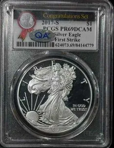 2017-S プルーフ 1オンス アメリカン シルバー イーグル ファースト ストライク PCGS PF69 PR69 QA 承認済み!