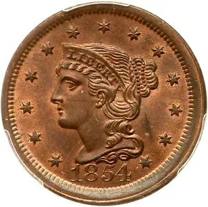1854 N-11 R-2 PCGS MS 64+ RB TCC#2 編み込みヘア ラージ セント コイン 1c