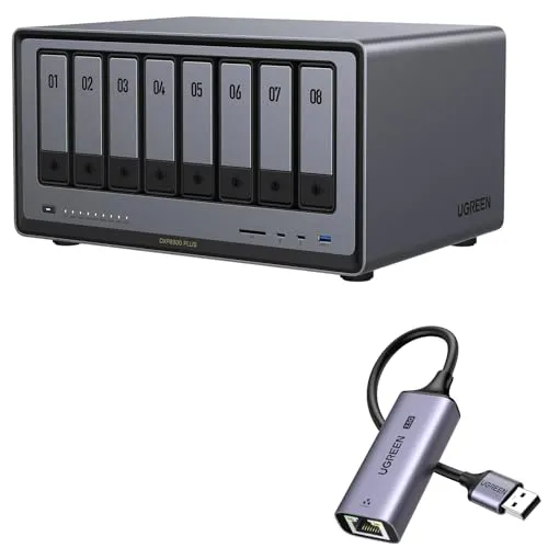 UGREEN NASync DXP8800 Plus 8ベイNASバンドル、2.5Gbps USB LAN変換アダプター付属 、Intel i5 1235u 10コアCPU、8GB DDR5 RAM、内蔵128G SSD、2 * 10GbE、2 * M.2