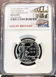 2014年 イギリス シルバー 20ポンド 第一次世界大戦記念 NGC MS 69 DPL