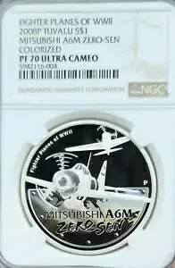 2008 ツバル シルバー 1 ドル 第二次世界大戦 三菱 A6M ゼロセン NGC PF 70 ウルトラ カメオ