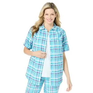 ウーマン ウィズイン レディース トップス シャツ ボタンダウン プラスサイズ プチ 半袖 ダウン Woman Within Women's Plusize Petite Short-sleeve Button Down Seersucker Shirt Paradise Blue Plaid ブルー