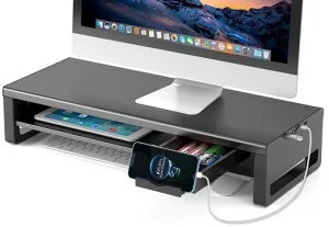 EAYHMモニター台USB2.0/3.0データ転送付き机上台USB/TYPE-C充電付きモニタースタンド引き出しとスマホホルダー付き二段式パソコン台ノートパソコン/プリンター/iMac/タブレットパソコンに適用…