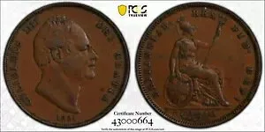 1831年 イギリス ペニー 1D PCGS AU50 イニシャルなし S-3845