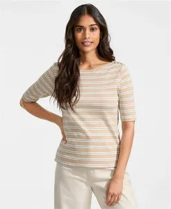 ランズエンド レディース トップス シャツ コットン Lands' End Women'supima Cotton Elbow Sleeve Boatneck Button Shoulder Tee Champagne multi stripe シャンパン