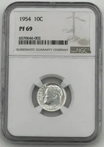 1954年 PF69 ルーズベルト 10C NGC 90% シルバー *SL