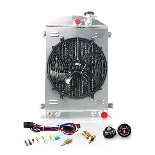 4列コアアルミラジエーター 16インチファン付き シュラウド&サーモスタットリレーキット付き 1930-1936 32 フォードモデル ホットロッド シボレーV8エンジン用