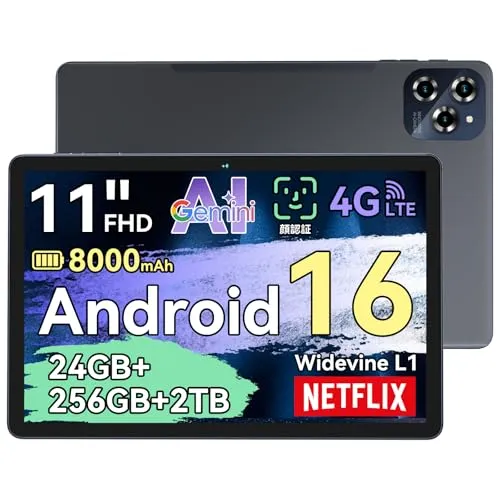 【Android16 タブレット 11インチ】 TABWEE アンドロイド16 タブレット、24GB+256GB+2TB TF拡張、Widevine L1 Netflix対応 Prime Video/YouTube 再生、8コアCPU tablet、800