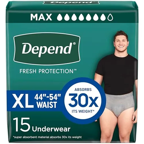 Depend FIT-FLEX Incontinence Underwear for Men, Maximum Absorbency, Disposable, Extra-Large, Grey, 15 Count