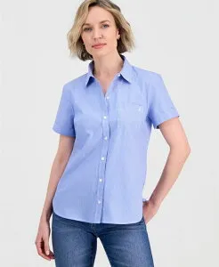【送料無料】 ナウティカ レディース シャツ トップス Jeans Women's Newport Stripe Cotton Camp Shirt Blue/ White