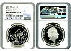 2021年 2PD 英国 1オンス シルバー プルーフ マハトマ・ガンジー NGC PF69 初版