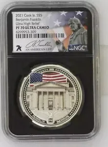 2021 Cook Is $5 ベンジャミン フランクリン インスティテュート UHR 1オンス シルバー - NGC PF70 カラーライズド