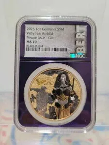 2025 ゲルマニア S5M ヴァルキリー アルンヒルド ヴァル??ハラ 1 オンス NGC MS 70 ゴールド ギルト LE 999 個