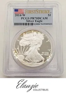 2014-W 1ドル シルバーイーグル 1オンス PCGS PR70 DCAM ファーストストライク フラッグホルダー、リムにステンドグラス