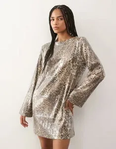 ノイジーメイ レディース トップス ワンピース オープンバック ミニワンピース ミニ スパンコール Noisy May open back sequin mini dress in leopard Silver Mink ミンク