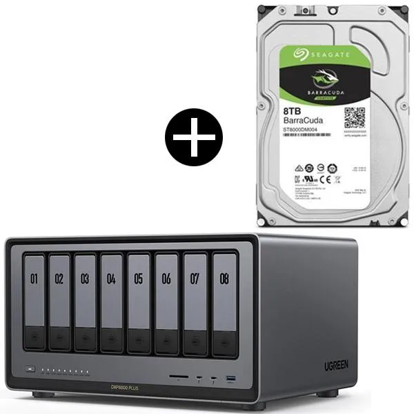UGREEN DXP8800Plus NAS 8ベイ + Seagate ST8000DM004 BarraCuda 3.5インチ内蔵ハードディスク (8TB) ※バルク品 セット