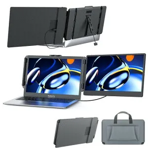 Kwumsy ポータブルディスプレイS1 Portable Monitor 14'' 1080P FHD IPSデュアルノートpcディスプレイエクステンダーTYPE-C/HDMI プラグインで13-17.3インチ(Windows、Mac、Android、Dex)に対応しています
