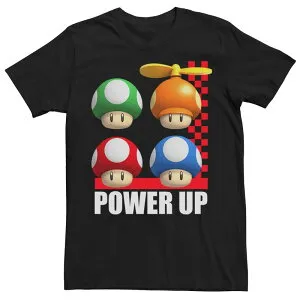 アニメキャラクター レディース トップス Tシャツ ロゴ グラフィック Licensed Character Men's Nintendo Super Mario Power Up Mushrooms Grid Logo Graphic Tee Black ブラック