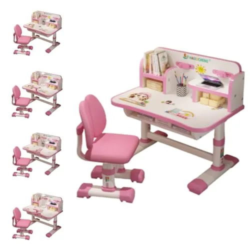 TAKEY学習机 子供 学習机セット 多機能 キッズデスク 椅子 セット小学生 さ調整 おしゃれ 下棚付き 女の子 男の子 組み立て簡単 大容量 広い 可愛い トレー付き 子供部屋 (RB02 プリンセスピンク,A)
