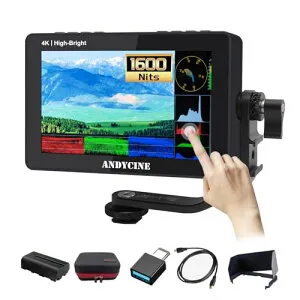ANDYCINE A6 II 5.5インチ タッチ式 フィールドモニター 1600nit高輝度 4K HDMI入出力 『3つの給電方法 Typc-C/DC12V給電 F970バッテリープレート』1920x1080 FHD 「F550Cバッテリー付き 遮光フード付き 収納ケ