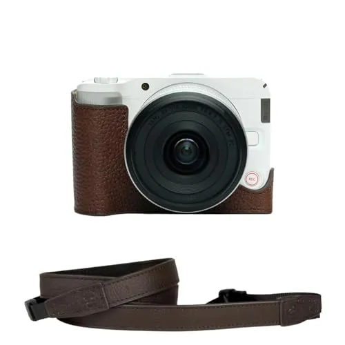 TP Original Canon EOS R50 V 専用 ハンドメイド+15カメラストラップ 本革 ボディケース ハーフカメラケース バッグ カバー 電池交換便利 底面開閉 手作り 専用対応カメラカバー (ダークブラウン)