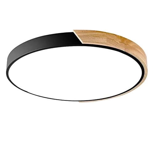 丸型マカロン型LEDシーリングライト、モダンな木製ランプ、子供部屋、リビング、寝室、廊下用埋め込み型照明、ブラック+ニュートラルライト-60cm 48W