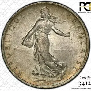 フランス、第一次世界大戦、2 フラン 1914-C、カステルサラシン、シルバー、PCGS MS64、一時造幣局