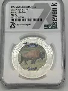 2021 Cook Is NGC $5 カンザス バッファロー-米国州動物シリーズ MS70 1 オンス シルバー コイン