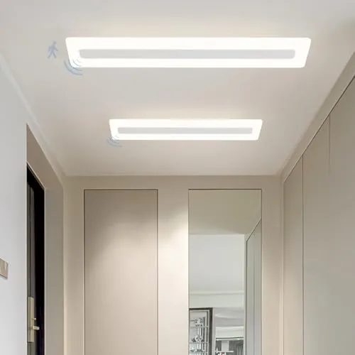 モーションセンサー付きLEDシーリングライト、3色モード（2700K/4500K/6500K）、モダンなアクリル製照明器具、廊下、階段、ガレージ用、ホワイト（60cm）