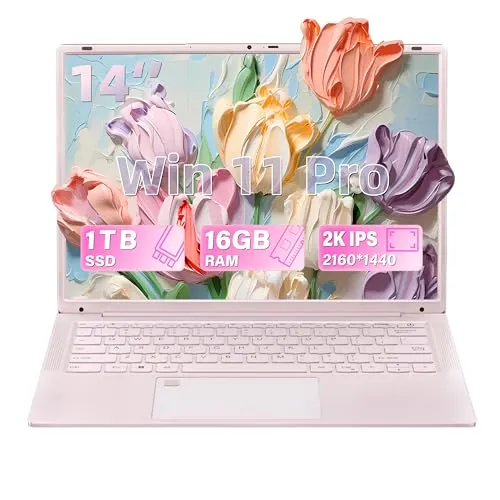 Rumtuk 14インチ ピンク 薄型軽量ノートパソコン 1TB SSD 16GB RAM、2K IPSディスプレイ、Tel 4コアプロセッサ(最大3.6GHz)、指紋、バックライトキーボード、Win 11 Pro Office、USB-C、ウェブカメラ、