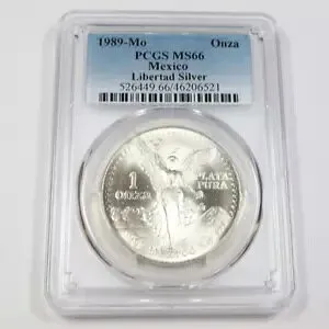 1989 Mo PCGS MS66 |メキシコ - 1 オンス シルバー リベルタ アン オンザ コイン #42535A