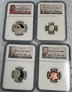 合計4枚のブリリアント未流通米国コイン PF 69 UC .25c、.10c、.05c、.01c NGC U102