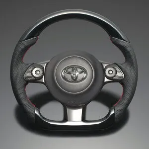 FEGGARI プリウスα GR SPORT 40系(ZVW41W/ZVW40W) ウッド＆レザーステアリング(純正交換) ピアノブラック x PVCレザー(ダークグレー) x レッド ユーロステッチ / LS240 フェガーリ