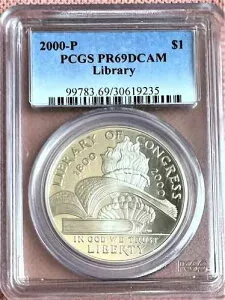2000-P 図書館記念ドルコイン PCGS による PR69 DCAM ディープカメオ評価