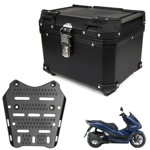 HI-LINE PCX専用 リアボックス＆キャリアセット 45L 大容量 防水防塵 ABS製トップケース レスト付き キーロック可能 ヘルメット収納可 アルミリアキャリア PCX125/150/160対応 (ブラック, 45L)