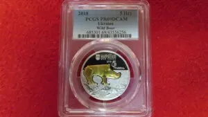 2018年ウクライナのイノシシ、5フリヴィナ金メッキシルバー、ウクライナPCGSグレードPR PF69
