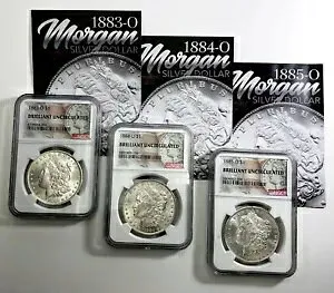 1883 1884 1885 ニューオーリンズ モーガン シルバー $1 ? 3 コイン セット ? すべての BU、カード CC09 付き